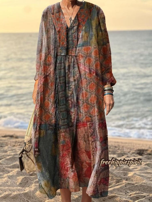 Women's Ethnic Style Patchwork Art Print V-neck Long-sleeved Dress