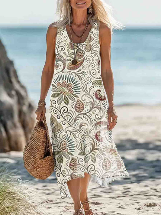 Women's Floral Print Round Neck Sleeveless Pocket Linen Dress