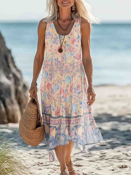 Women's Floral Print Round Neck Sleeveless Pocket Linen Dress