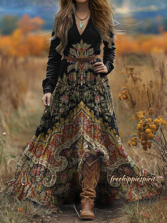 Women's Bohemian Ethnic Art Print V-Neck Long Sleeve Maxi Dress