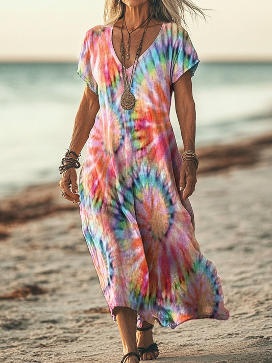 Women's Colorful Tie Dye Print Pocket Cotton Dress