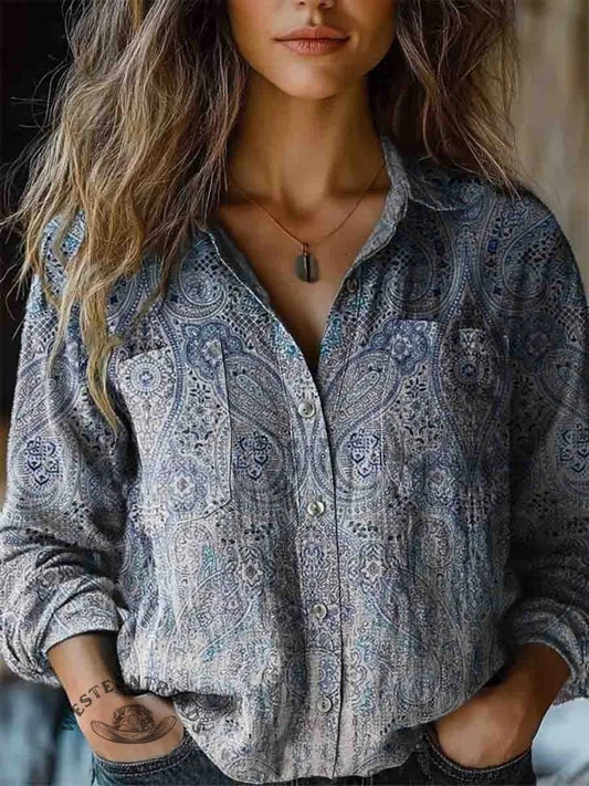 Women's Retro Ethnic Pattern Print Casual Long Sleeve Comfortable Cotton Shirt