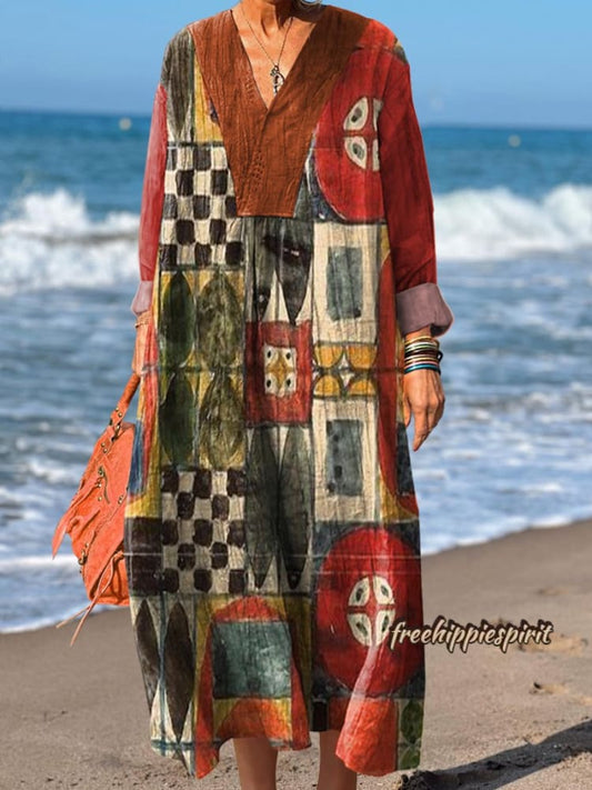 Women's Vintage Patchwork Art Print Dress