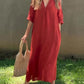 Women's V-neck Mid-sleeve Cotton and Linen Dress