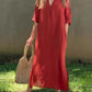 Women's V-neck Mid-sleeve Cotton and Linen Dress