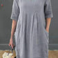 Cotton and Linen Pleated Pocket Casual Dress