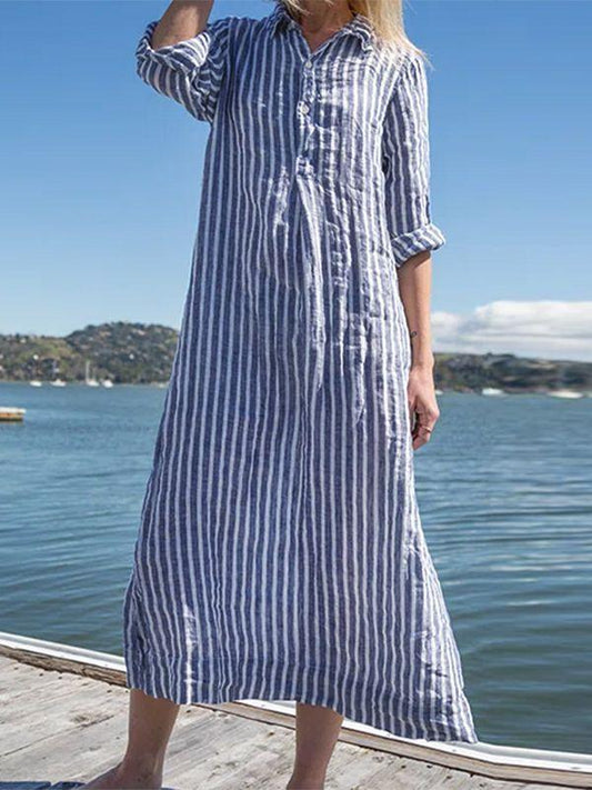 Women's Striped Cotton Linen Polo Collar Long-sleeved Shirt Dress